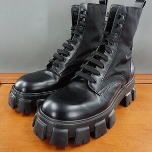Prada Mens Monolith Ankle Combat Boots 10 Black Leather Lace Up Rubber Trim